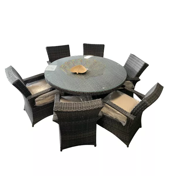 6 személyes kerti rattan étkező garnitúra kör asztallal, kevert barna (R135-6)