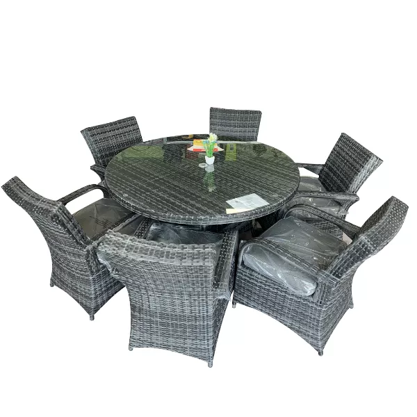 6 személyes kerti rattan étkező garnitúra kör asztallal, kevert szürke (R135-6SZ)